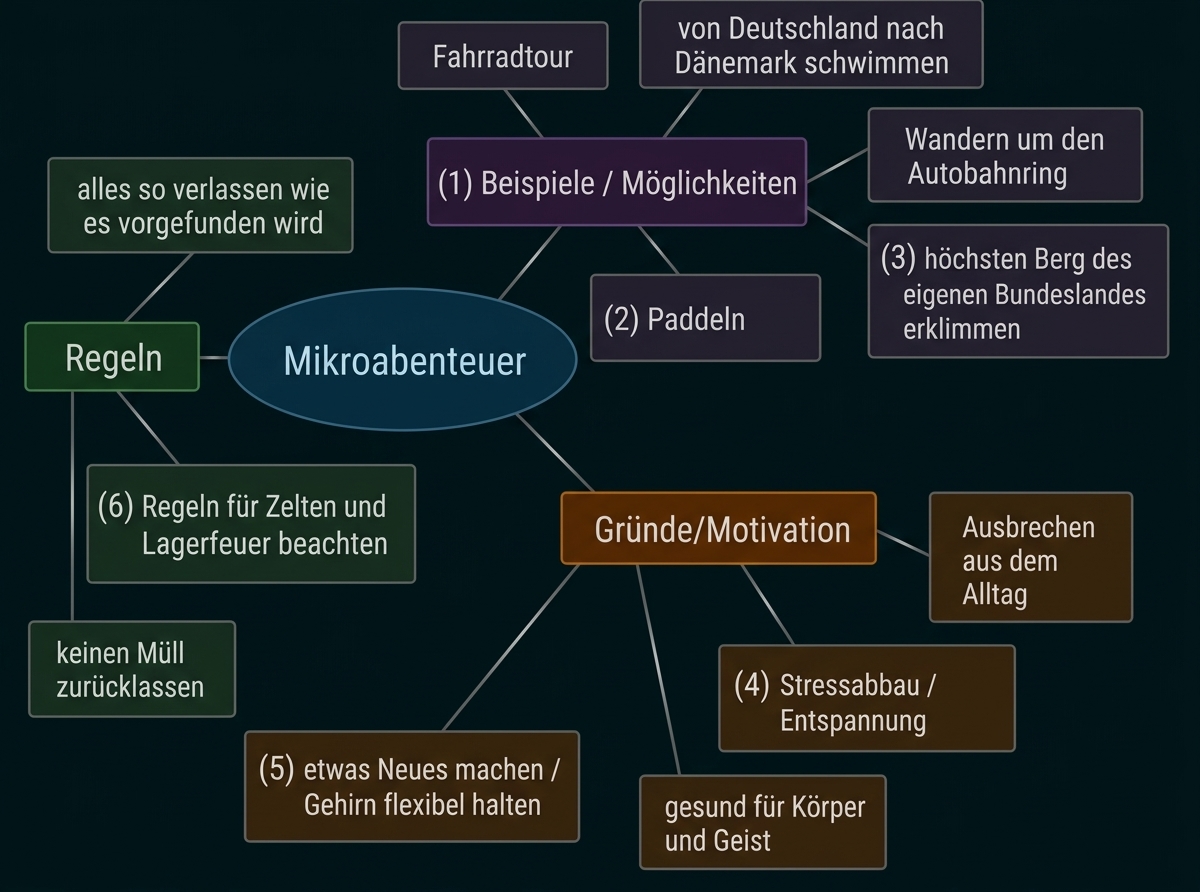 Mindmap zu Mikroabenteuern mit Regeln, Beispielen und Gründen/Motivation.
